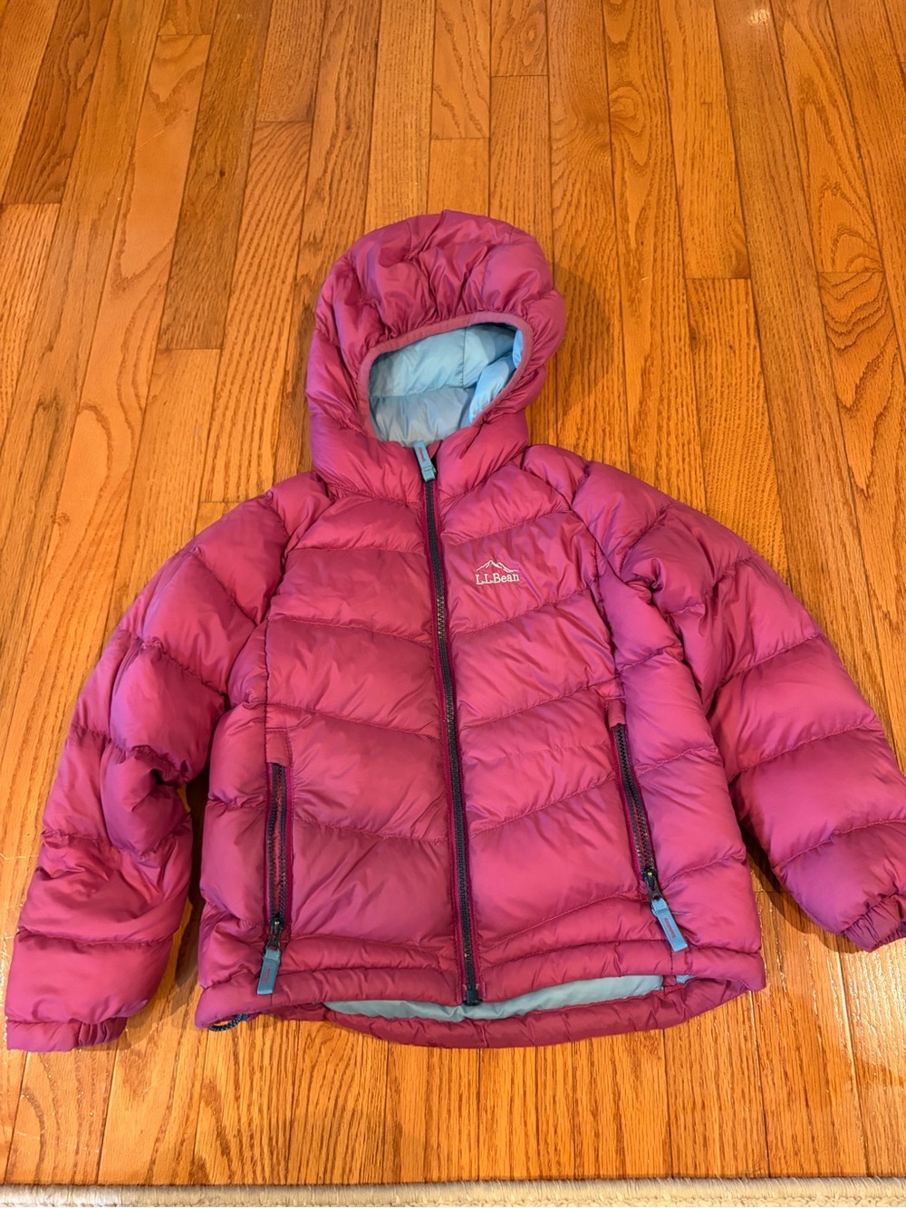 L.L. Bean Girls' Hooded Puffer Jacket in Berry Pink with Aqua Lining
